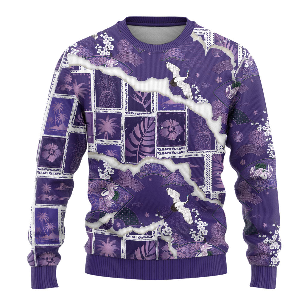 Hawaii Japanese Culture Purple Ugly Christmas Sweater Spring Cranes Aloha Pattern LT01 - Polynesian Pride