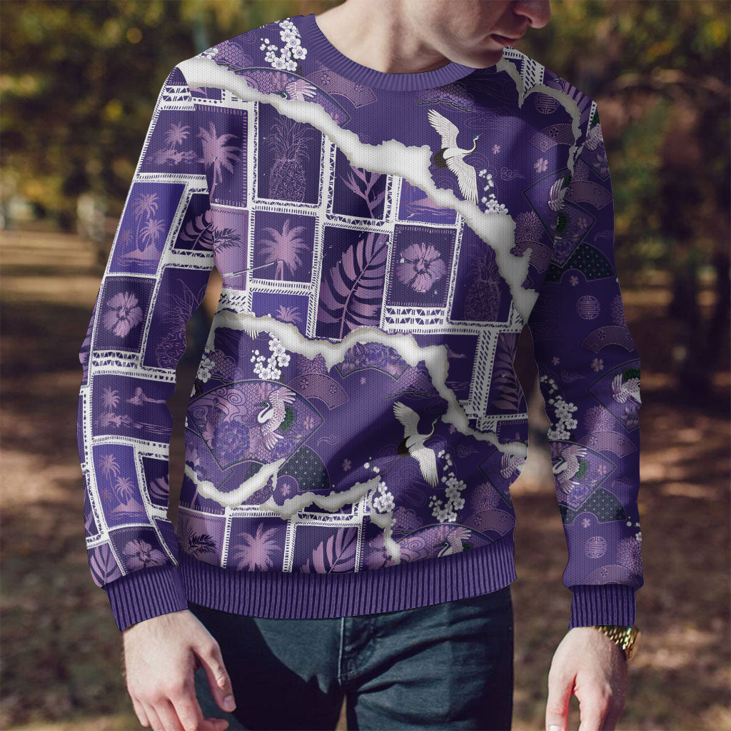 Hawaii Japanese Culture Purple Ugly Christmas Sweater Spring Cranes Aloha Pattern LT01 - Polynesian Pride