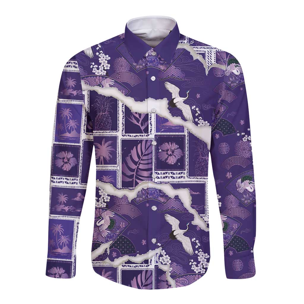 Hawaii Japanese Culture Purple Long Sleeve Button Shirt Spring Cranes Aloha Pattern LT01 Unisex Purple - Polynesian Pride