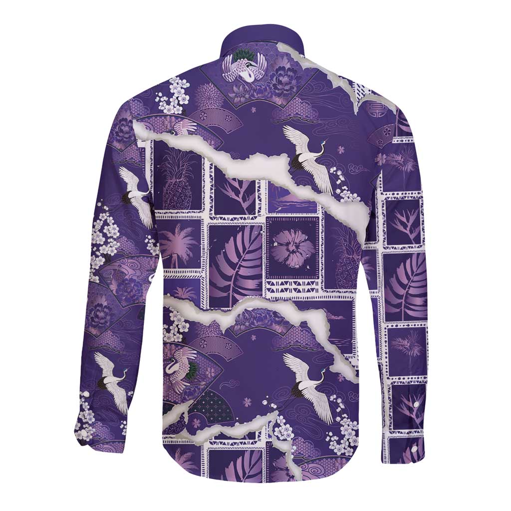 Hawaii Japanese Culture Purple Long Sleeve Button Shirt Spring Cranes Aloha Pattern LT01 - Polynesian Pride