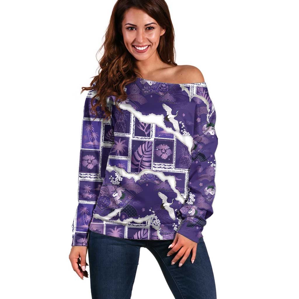 Hawaii Japanese Culture Purple Off Shoulder Sweater Spring Cranes Aloha Pattern LT01 Women Purple - Polynesian Pride