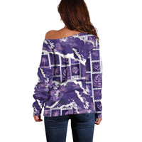 Hawaii Japanese Culture Purple Off Shoulder Sweater Spring Cranes Aloha Pattern LT01 - Polynesian Pride