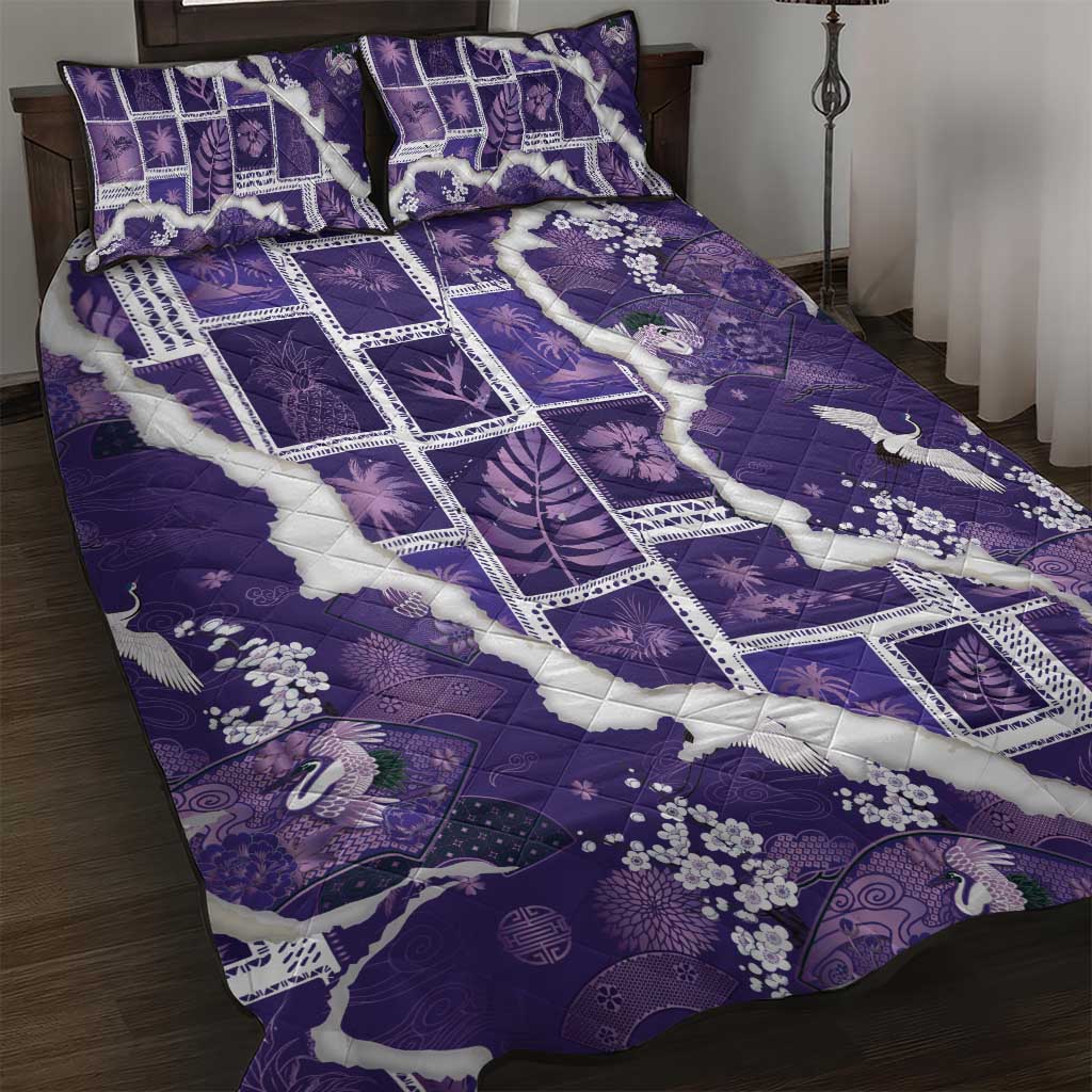 Hawaii Japanese Culture Purple Quilt Bed Set Spring Cranes Aloha Pattern LT01 Purple - Polynesian Pride