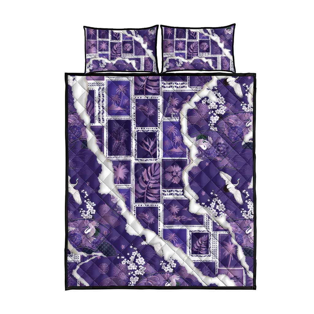 Hawaii Japanese Culture Purple Quilt Bed Set Spring Cranes Aloha Pattern LT01 - Polynesian Pride