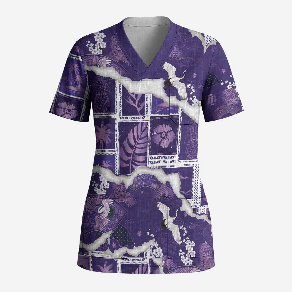 Hawaii Japanese Culture Purple Scrub Top Spring Cranes Aloha Pattern LT01 Adult Purple - Polynesian Pride