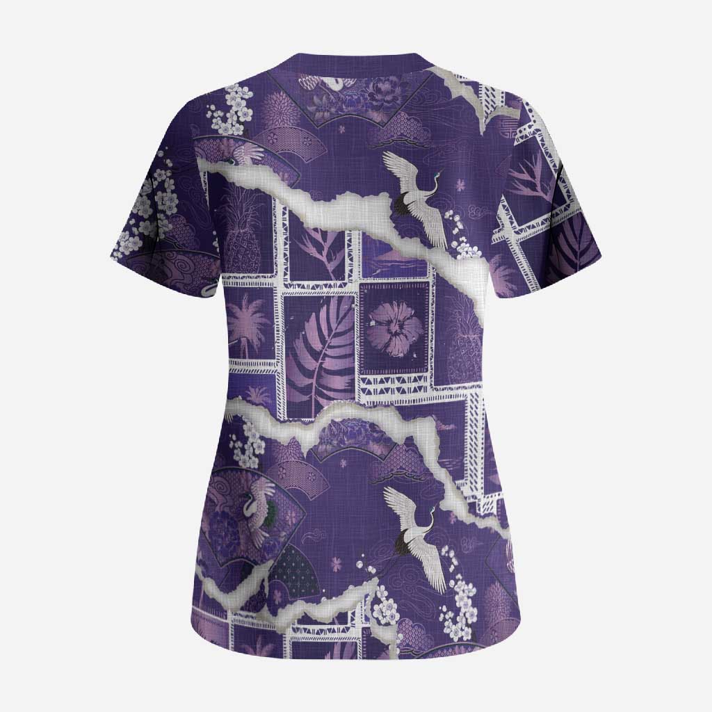 Hawaii Japanese Culture Purple Scrub Top Spring Cranes Aloha Pattern LT01 - Polynesian Pride