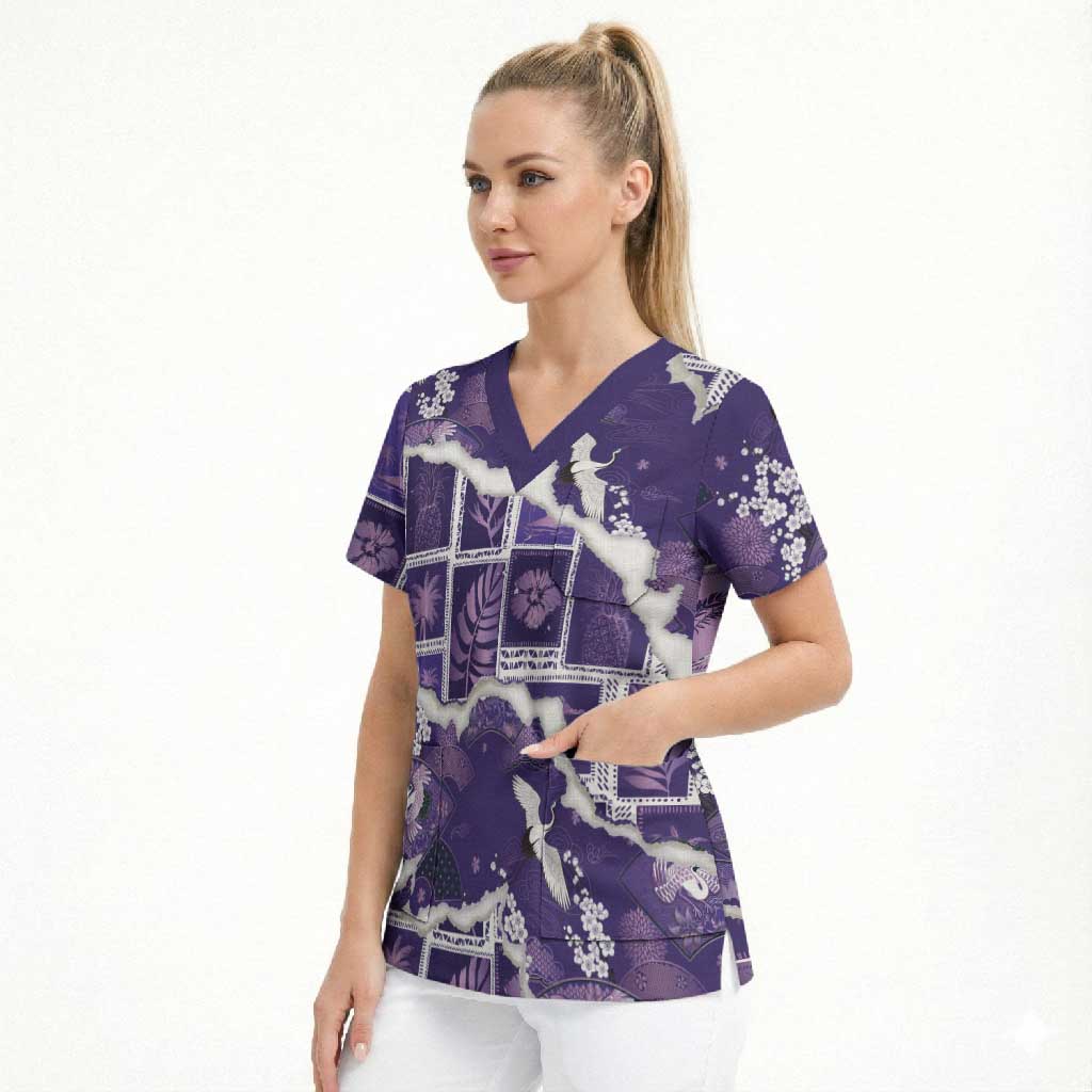 Hawaii Japanese Culture Purple Scrub Top Spring Cranes Aloha Pattern LT01 - Polynesian Pride
