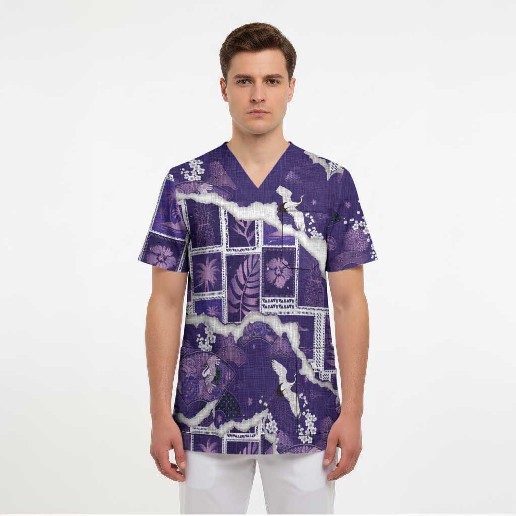 Hawaii Japanese Culture Purple Scrub Top Spring Cranes Aloha Pattern LT01 - Polynesian Pride