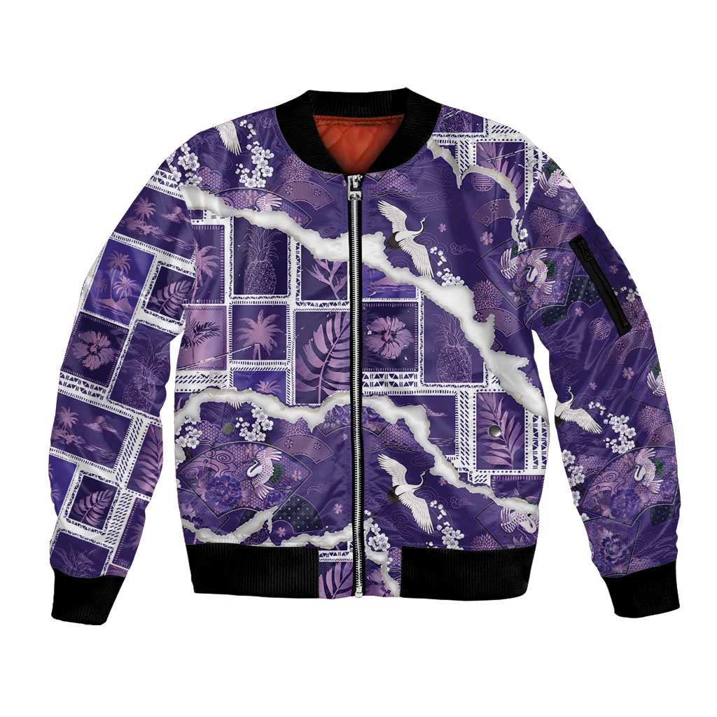Hawaii Japanese Culture Purple Sleeve Zip Bomber Jacket Spring Cranes Aloha Pattern LT01 Unisex Purple - Polynesian Pride