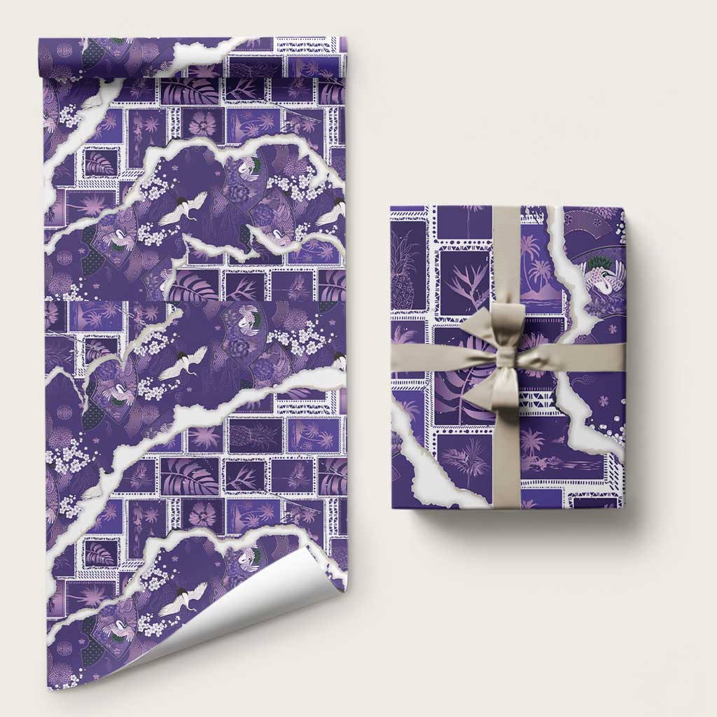 Hawaii Japanese Culture Purple Wrapping Paper Spring Cranes Aloha Pattern LT01 58" × 23" Purple - Polynesian Pride