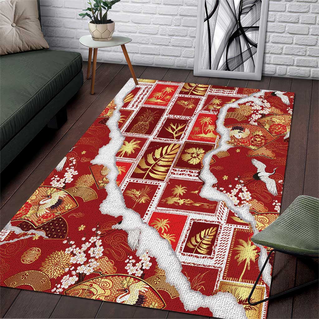 Hawaii Japanese Culture Red Area Rug Spring Cranes Aloha Pattern LT01 Red - Polynesian Pride