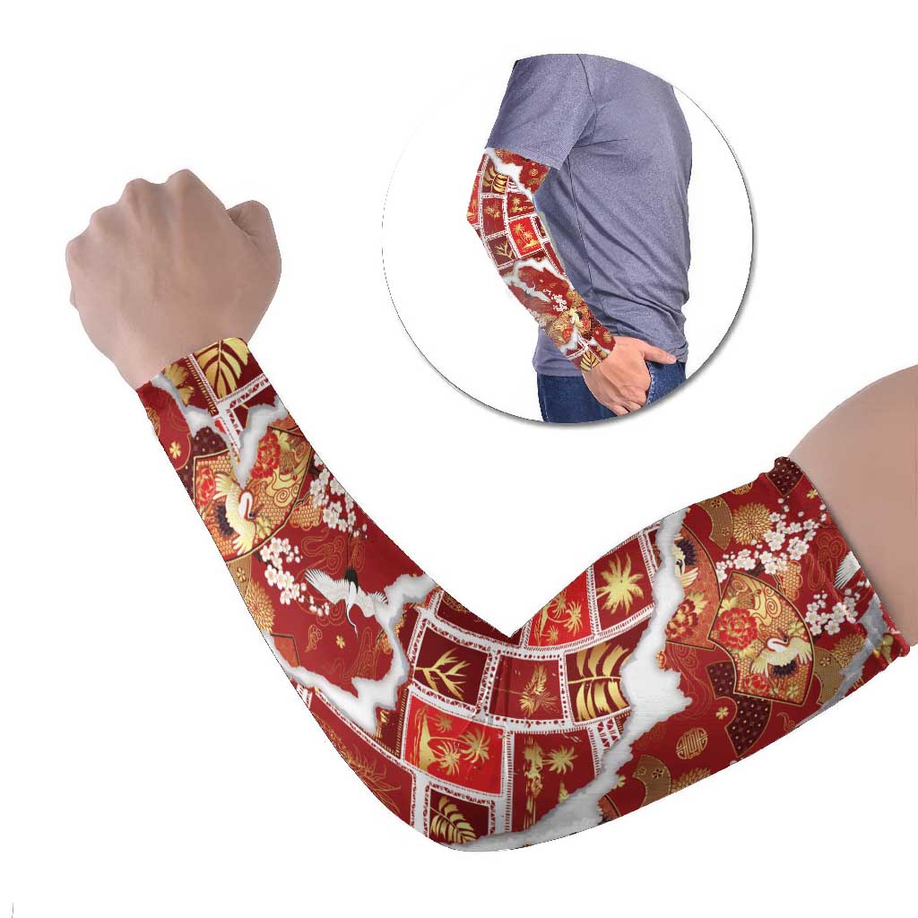 Hawaii Japanese Culture Red Arm Sleeves Spring Cranes Aloha Pattern LT01 Set of 2 Red - Polynesian Pride