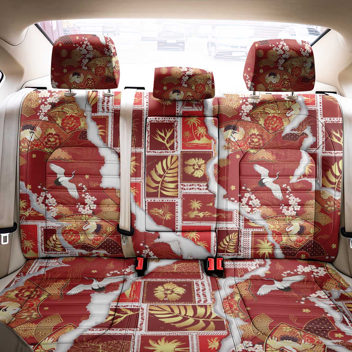 Hawaii Japanese Culture Red Back Car Seat Cover Spring Cranes Aloha Pattern LT01 - Polynesian Pride
