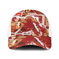 Hawaii Japanese Culture Red Baseball Net Cap Spring Cranes Aloha Pattern LT01 One Size White Red - Polynesian Pride