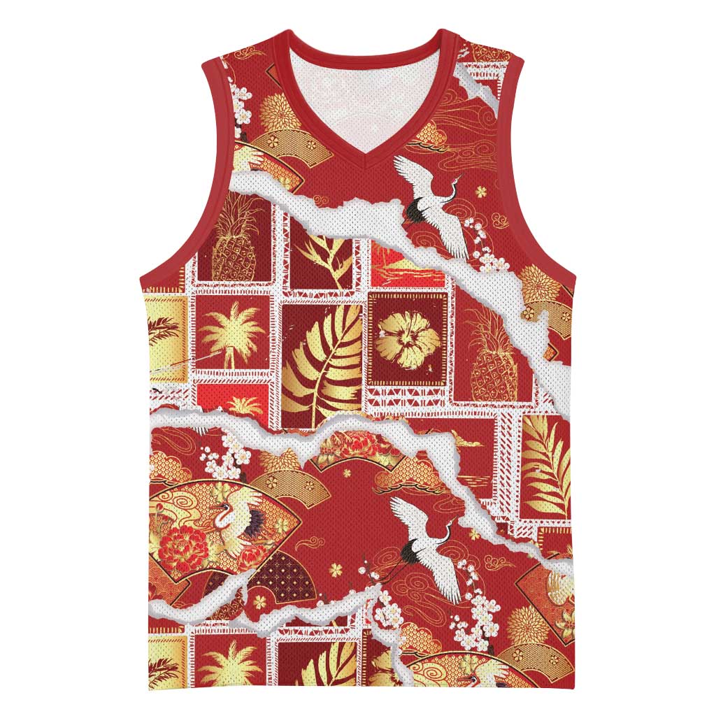 Hawaii Japanese Culture Red Basketball Jersey Spring Cranes Aloha Pattern LT01 Unisex Red - Polynesian Pride