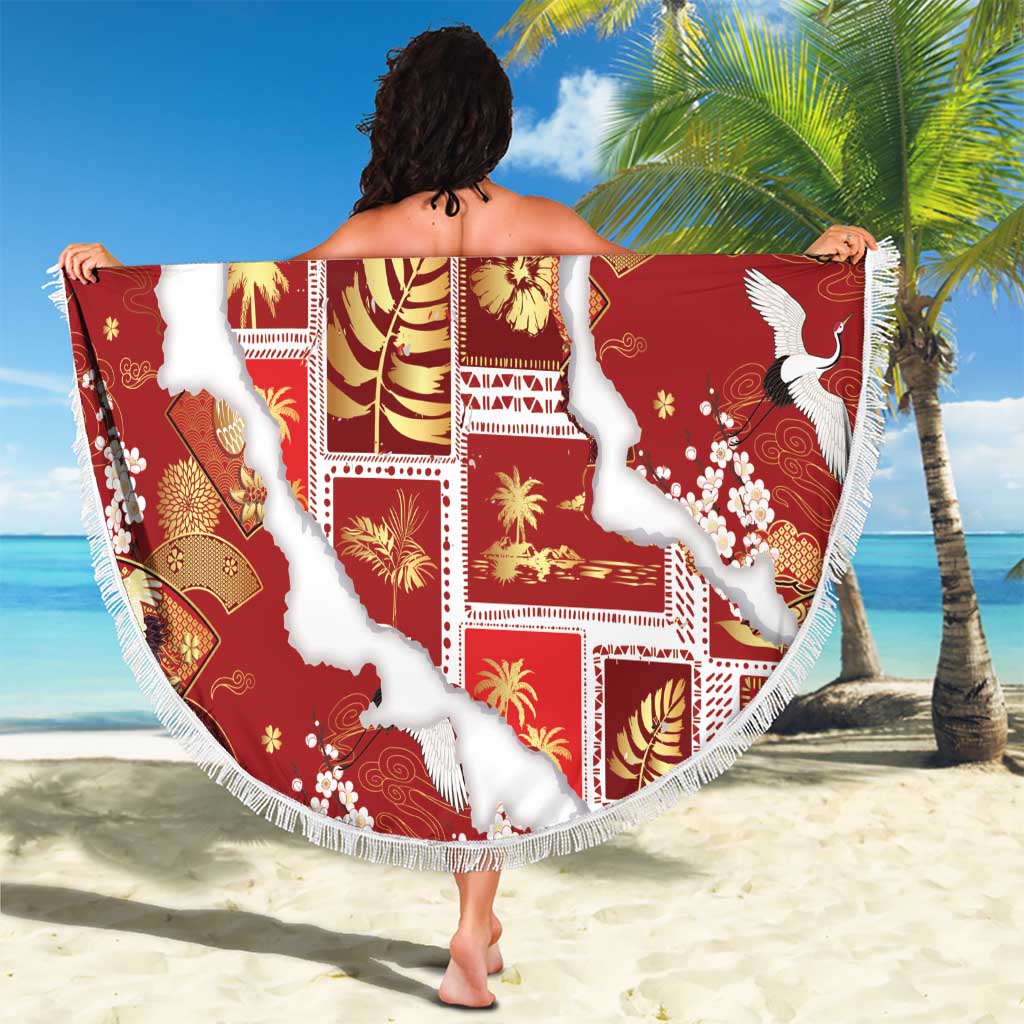 Hawaii Japanese Culture Red Beach Blanket Spring Cranes Aloha Pattern LT01 - Polynesian Pride