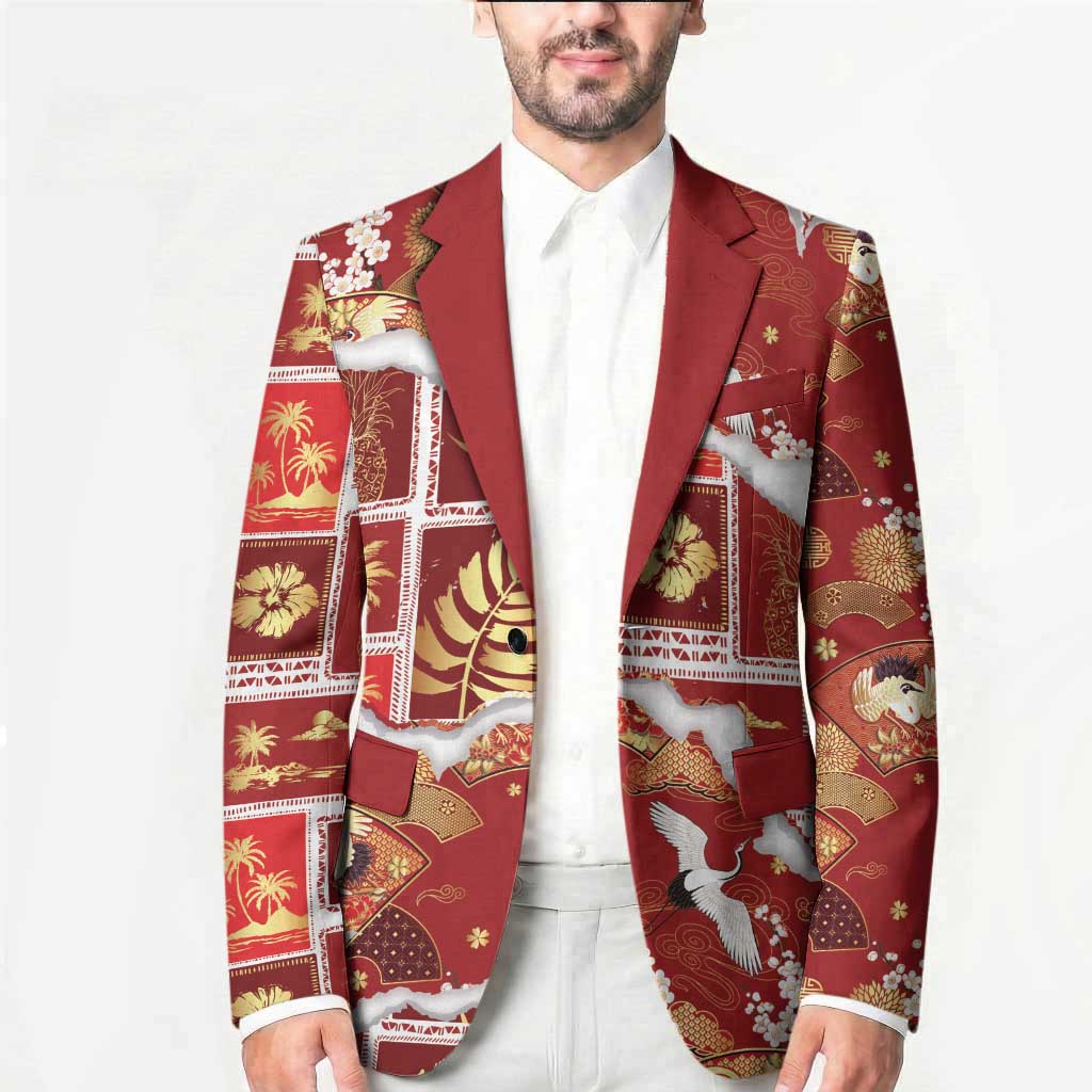 Hawaii Japanese Culture Red Blazer Spring Cranes Aloha Pattern LT01 - Polynesian Pride