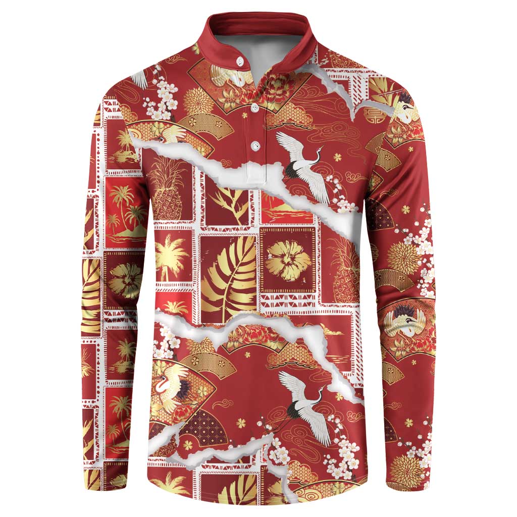 Hawaii Japanese Culture Red Button Sweatshirt Spring Cranes Aloha Pattern LT01 Red - Polynesian Pride
