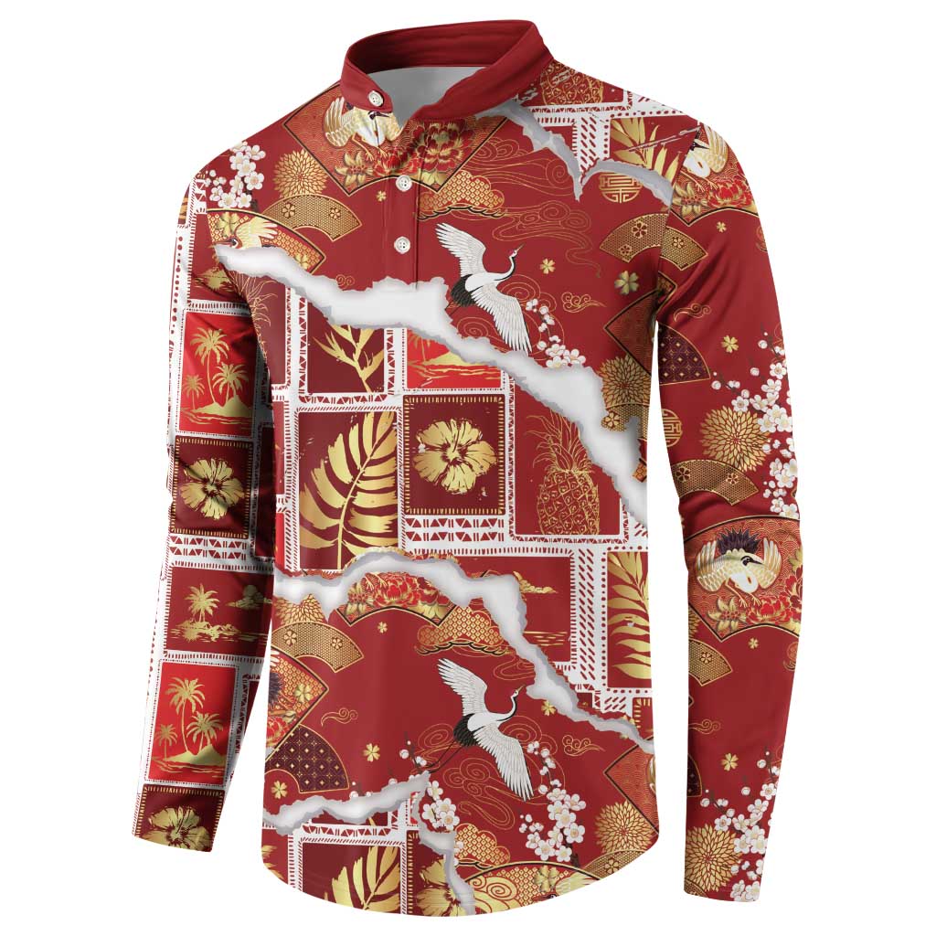 Hawaii Japanese Culture Red Button Sweatshirt Spring Cranes Aloha Pattern LT01 - Polynesian Pride