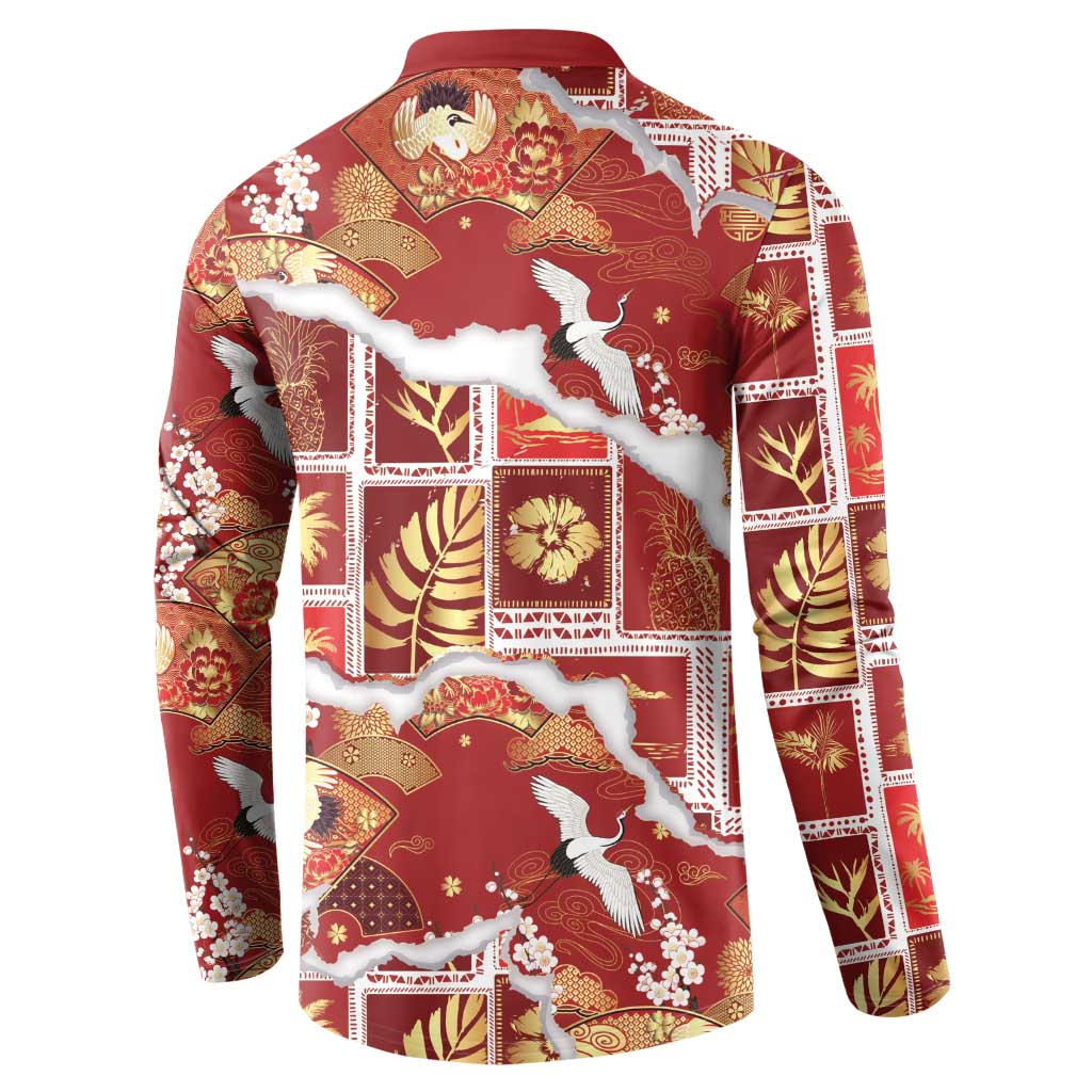 Hawaii Japanese Culture Red Button Sweatshirt Spring Cranes Aloha Pattern LT01 - Polynesian Pride