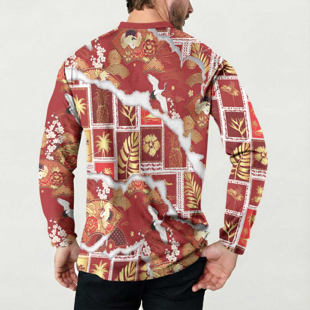 Hawaii Japanese Culture Red Button Sweatshirt Spring Cranes Aloha Pattern LT01 - Polynesian Pride