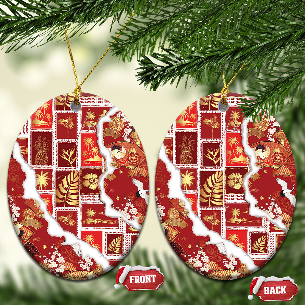 Hawaii Japanese Culture Red Ceramic Ornament Spring Cranes Aloha Pattern LT01 Oval Red - Polynesian Pride