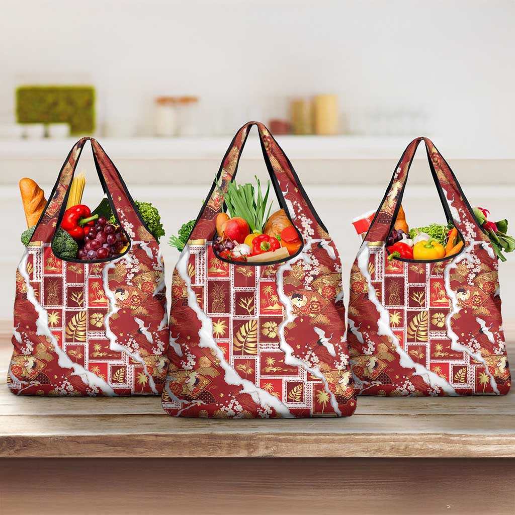 Hawaii Japanese Culture Red Grocery Bag Spring Cranes Aloha Pattern LT01 3-pack One Size Red - Polynesian Pride
