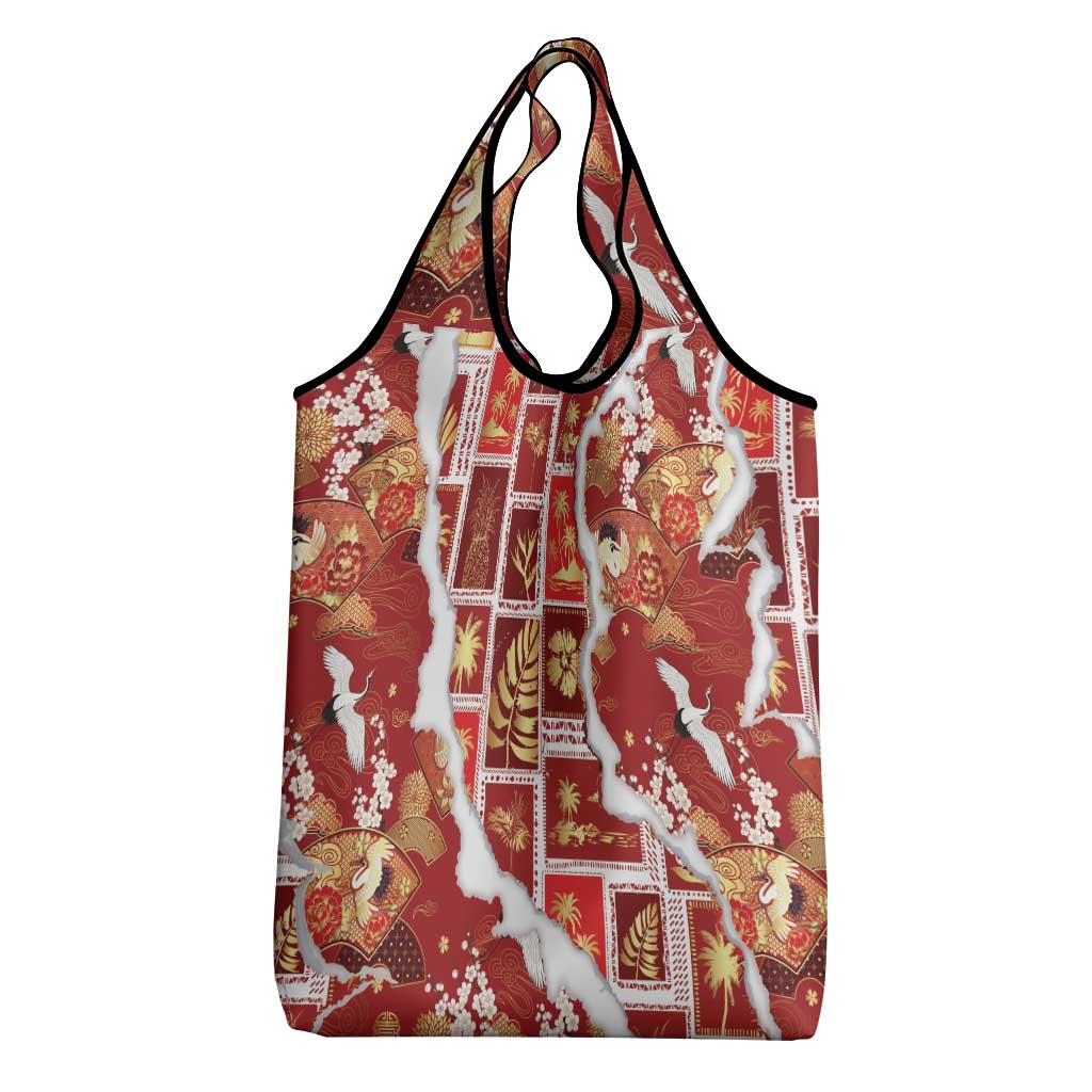 Hawaii Japanese Culture Red Grocery Bag Spring Cranes Aloha Pattern LT01 - Polynesian Pride