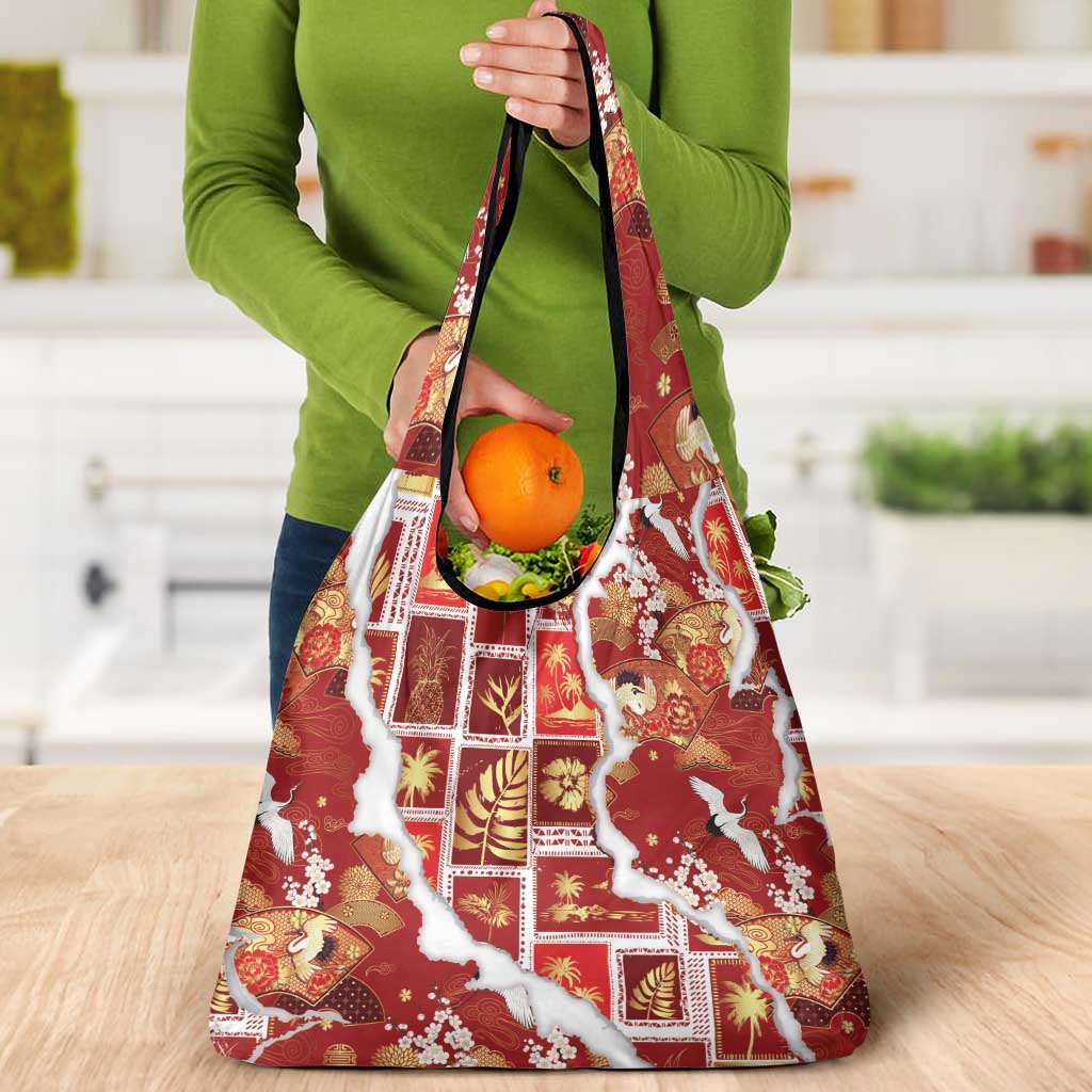 Hawaii Japanese Culture Red Grocery Bag Spring Cranes Aloha Pattern LT01 - Polynesian Pride