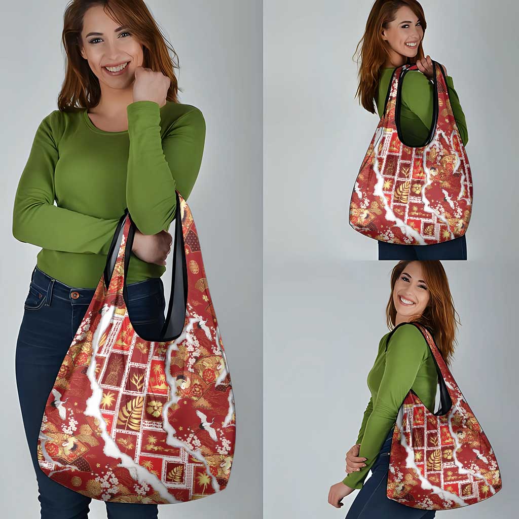 Hawaii Japanese Culture Red Grocery Bag Spring Cranes Aloha Pattern LT01 - Polynesian Pride