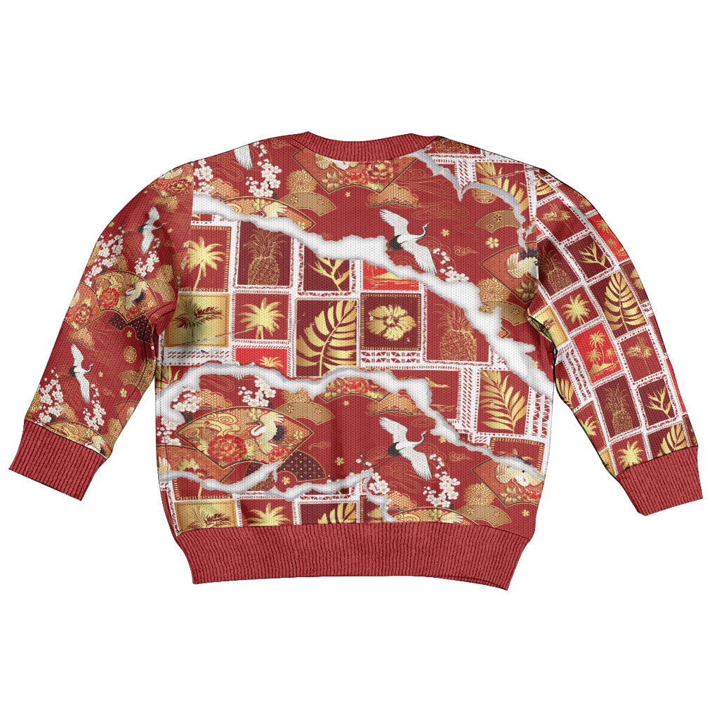 Hawaii Japanese Culture Red Kid Ugly Christmas Sweater Spring Cranes Aloha Pattern LT01 - Polynesian Pride