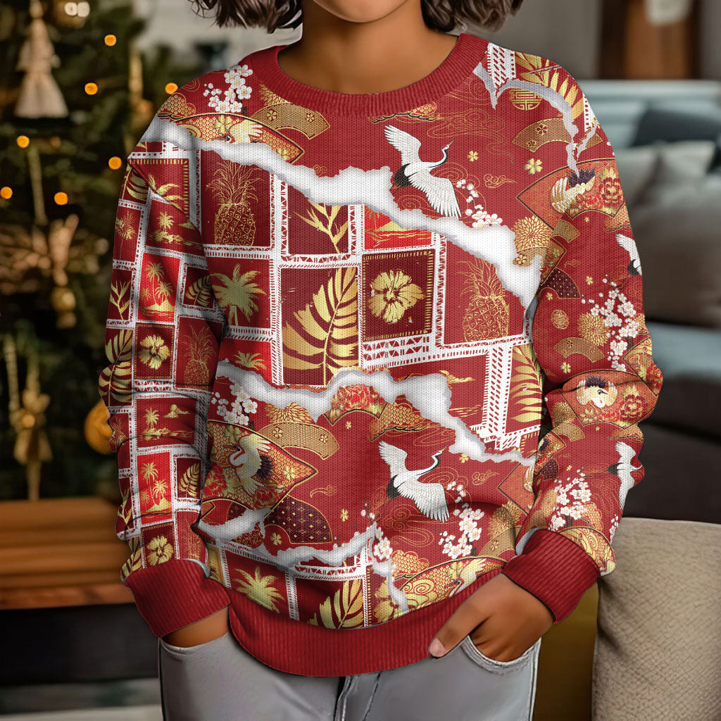Hawaii Japanese Culture Red Kid Ugly Christmas Sweater Spring Cranes Aloha Pattern LT01 - Polynesian Pride