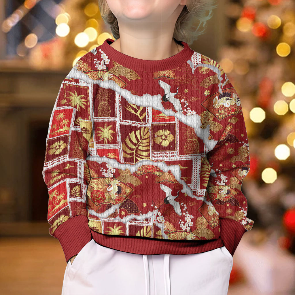 Hawaii Japanese Culture Red Kid Ugly Christmas Sweater Spring Cranes Aloha Pattern LT01 - Polynesian Pride