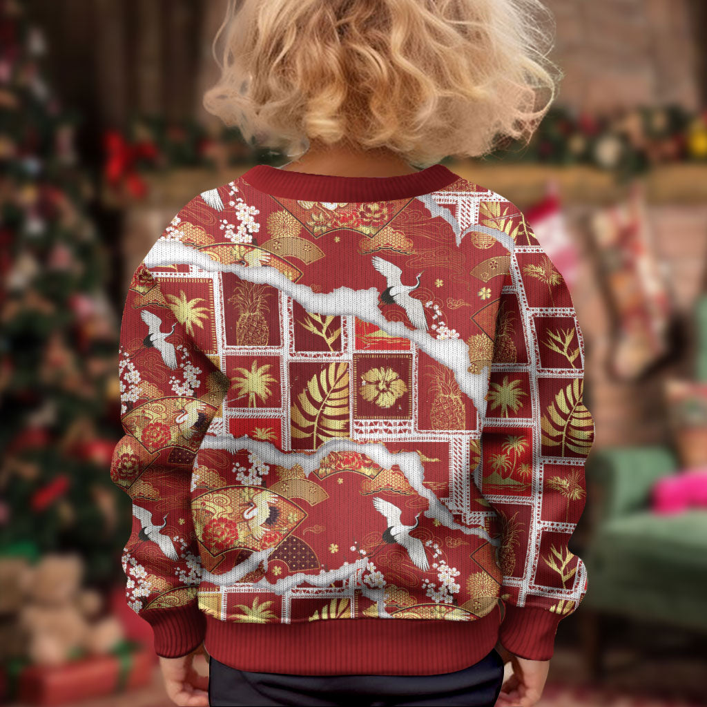 Hawaii Japanese Culture Red Kid Ugly Christmas Sweater Spring Cranes Aloha Pattern LT01 - Polynesian Pride
