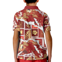 Hawaii Japanese Culture Red Kid Polo Shirt Spring Cranes Aloha Pattern LT01 - Polynesian Pride
