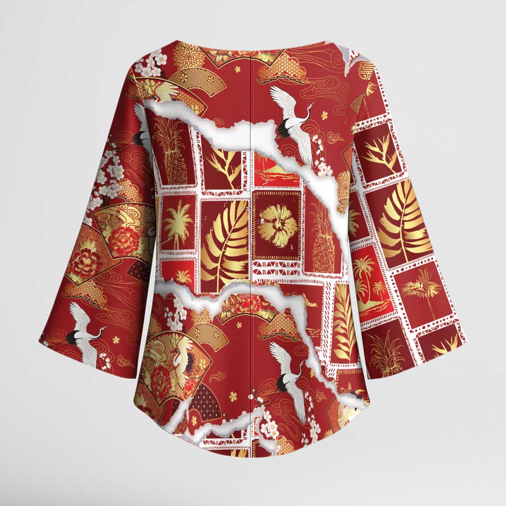 Hawaii Japanese Culture Red Kimono Sleeve Blouse Spring Cranes Aloha Pattern LT01 - Polynesian Pride