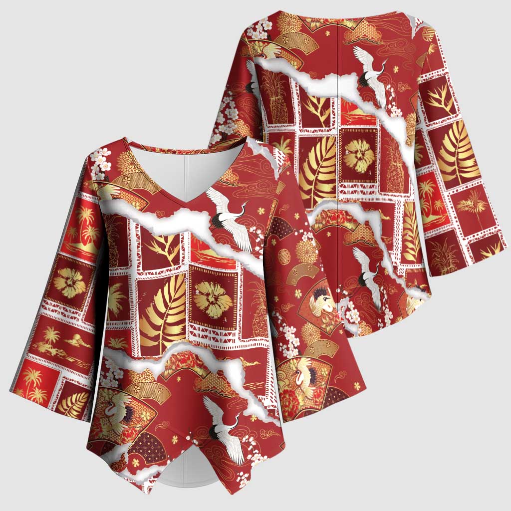 Hawaii Japanese Culture Red Kimono Sleeve Blouse Spring Cranes Aloha Pattern LT01 - Polynesian Pride