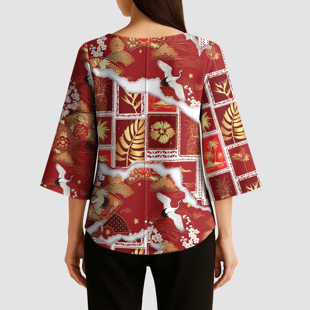 Hawaii Japanese Culture Red Kimono Sleeve Blouse Spring Cranes Aloha Pattern LT01 - Polynesian Pride