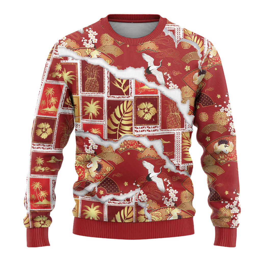Hawaii Japanese Culture Red Ugly Christmas Sweater Spring Cranes Aloha Pattern LT01 - Polynesian Pride