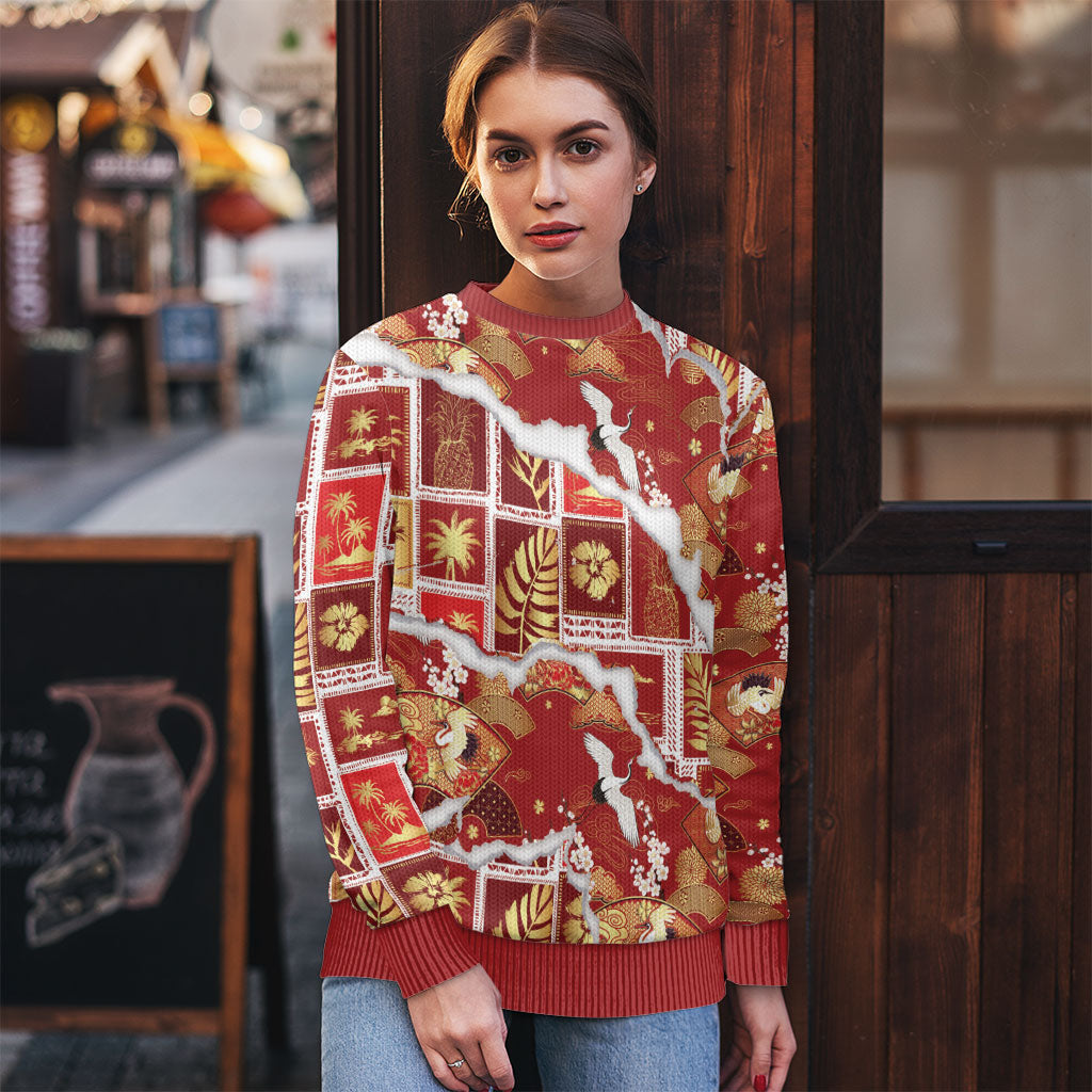 Hawaii Japanese Culture Red Ugly Christmas Sweater Spring Cranes Aloha Pattern LT01 - Polynesian Pride