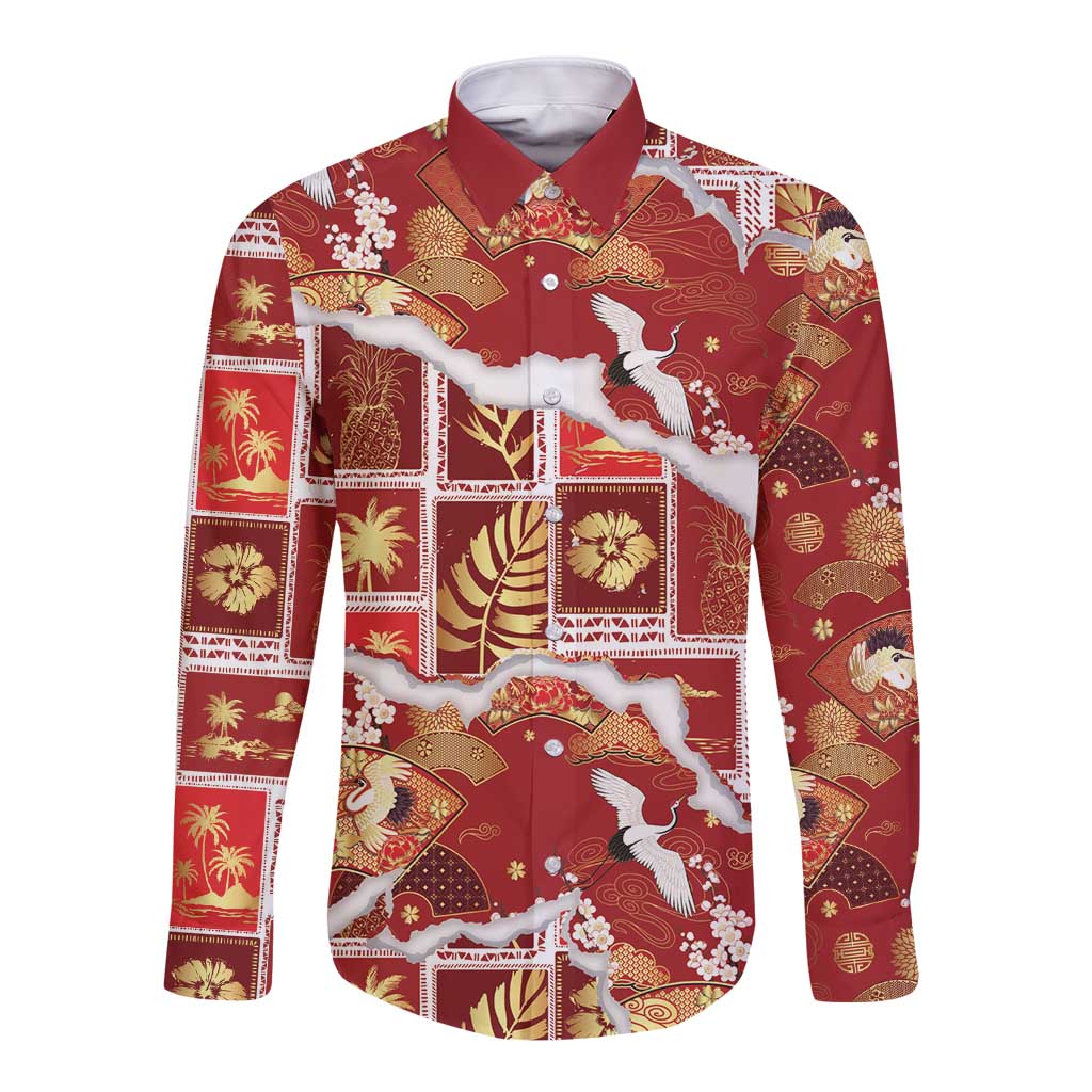 Hawaii Japanese Culture Red Long Sleeve Button Shirt Spring Cranes Aloha Pattern LT01 Unisex Red - Polynesian Pride