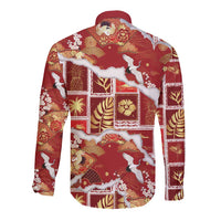 Hawaii Japanese Culture Red Long Sleeve Button Shirt Spring Cranes Aloha Pattern LT01 - Polynesian Pride
