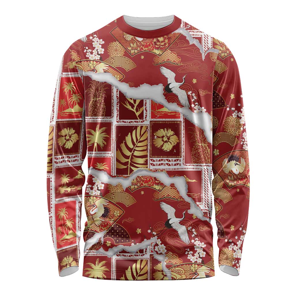 Hawaii Japanese Culture Red Long Sleeve Shirt Spring Cranes Aloha Pattern LT01 Unisex Red - Polynesian Pride
