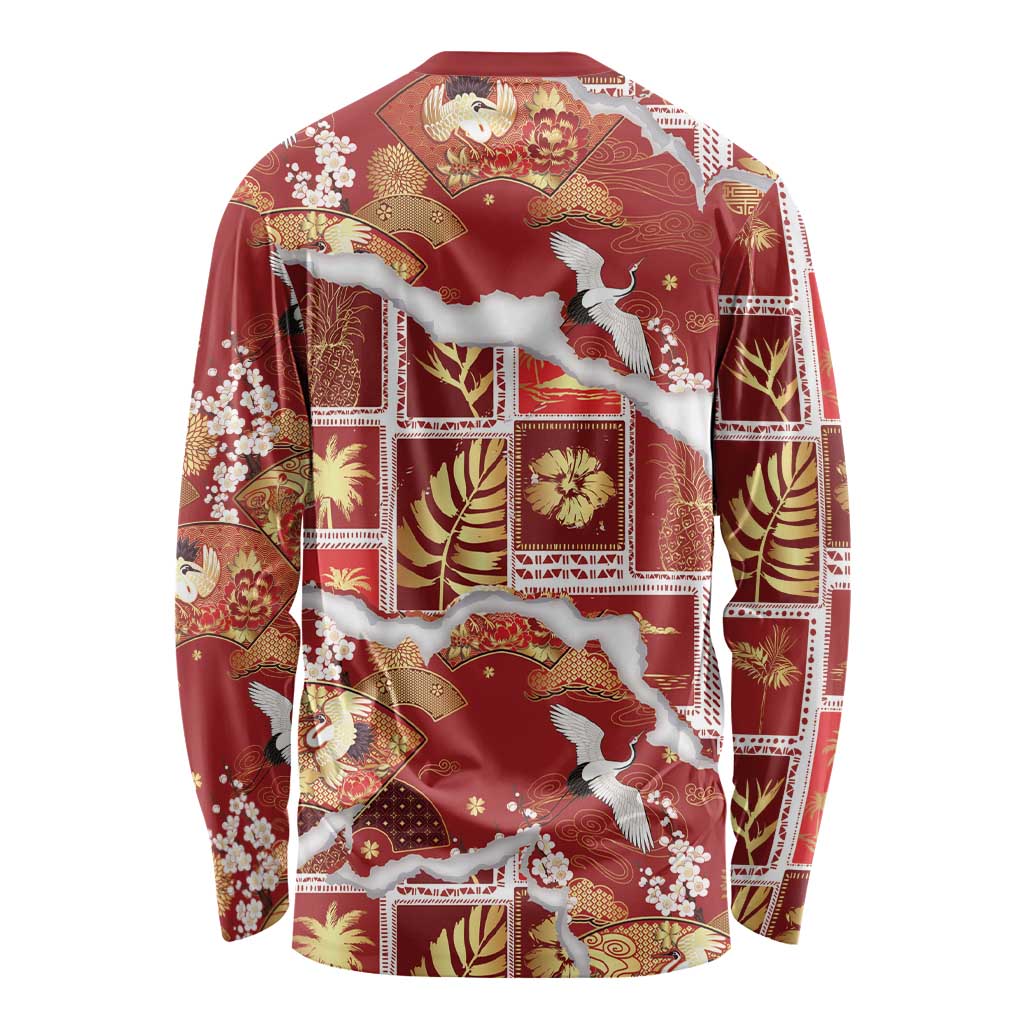 Hawaii Japanese Culture Red Long Sleeve Shirt Spring Cranes Aloha Pattern LT01 - Polynesian Pride