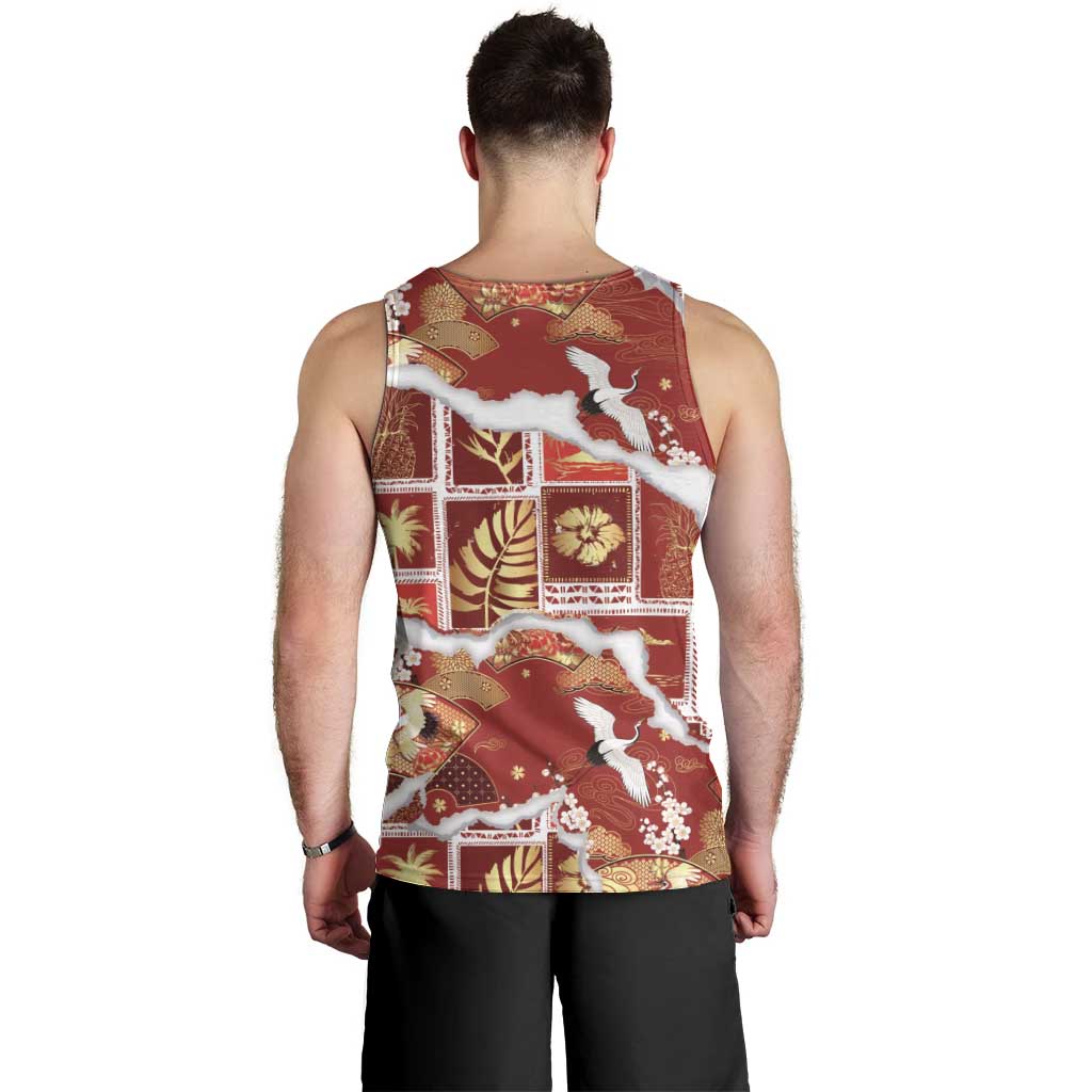 Hawaii Japanese Culture Red Men Tank Top Spring Cranes Aloha Pattern LT01 - Polynesian Pride
