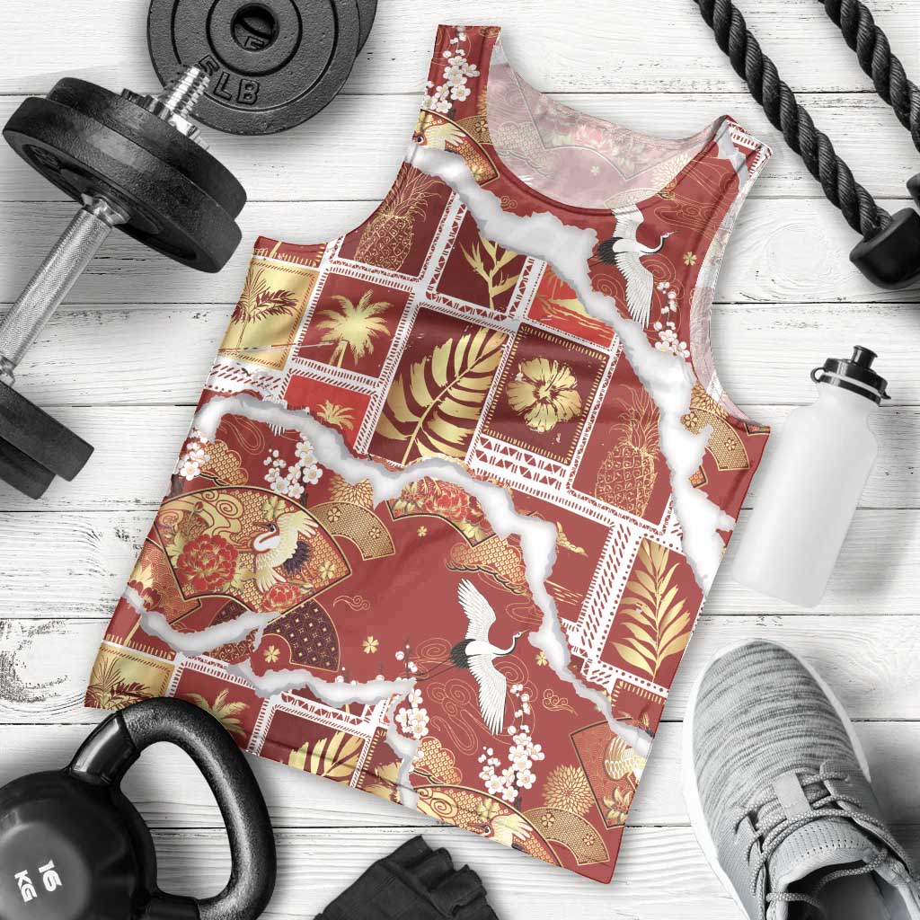 Hawaii Japanese Culture Red Men Tank Top Spring Cranes Aloha Pattern LT01 - Polynesian Pride