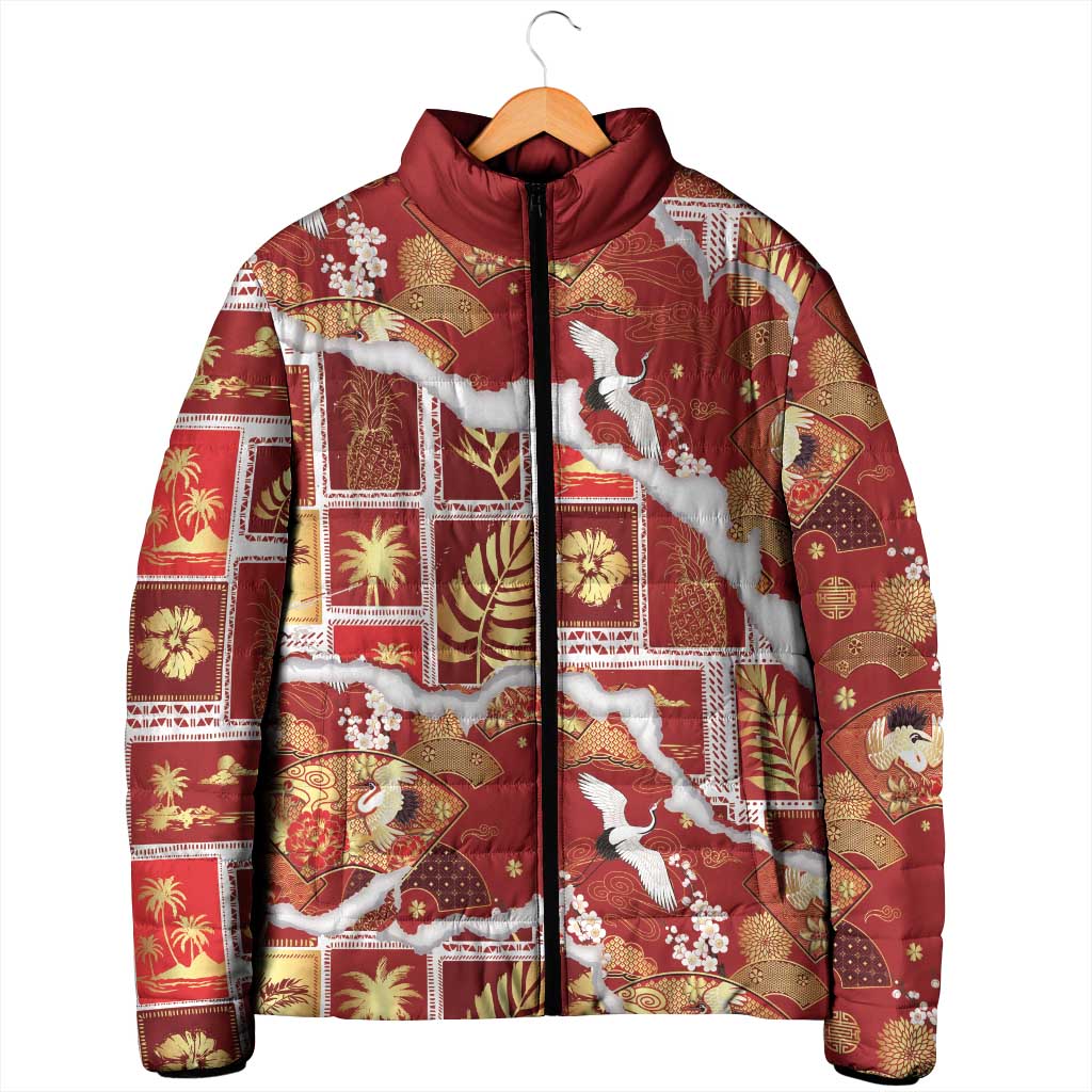 Hawaii Japanese Culture Red Padded Jacket Spring Cranes Aloha Pattern LT01 - Polynesian Pride