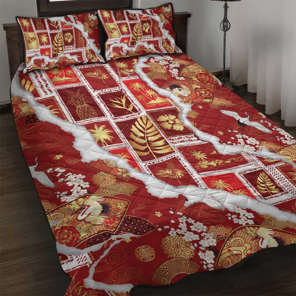 Hawaii Japanese Culture Red Quilt Bed Set Spring Cranes Aloha Pattern LT01 Red - Polynesian Pride