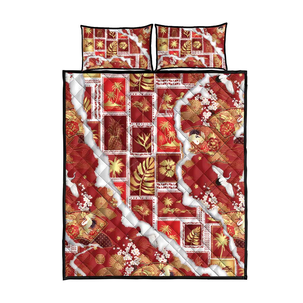 Hawaii Japanese Culture Red Quilt Bed Set Spring Cranes Aloha Pattern LT01 - Polynesian Pride