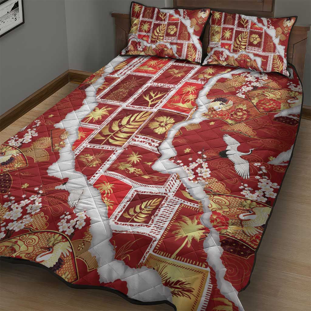 Hawaii Japanese Culture Red Quilt Bed Set Spring Cranes Aloha Pattern LT01 - Polynesian Pride